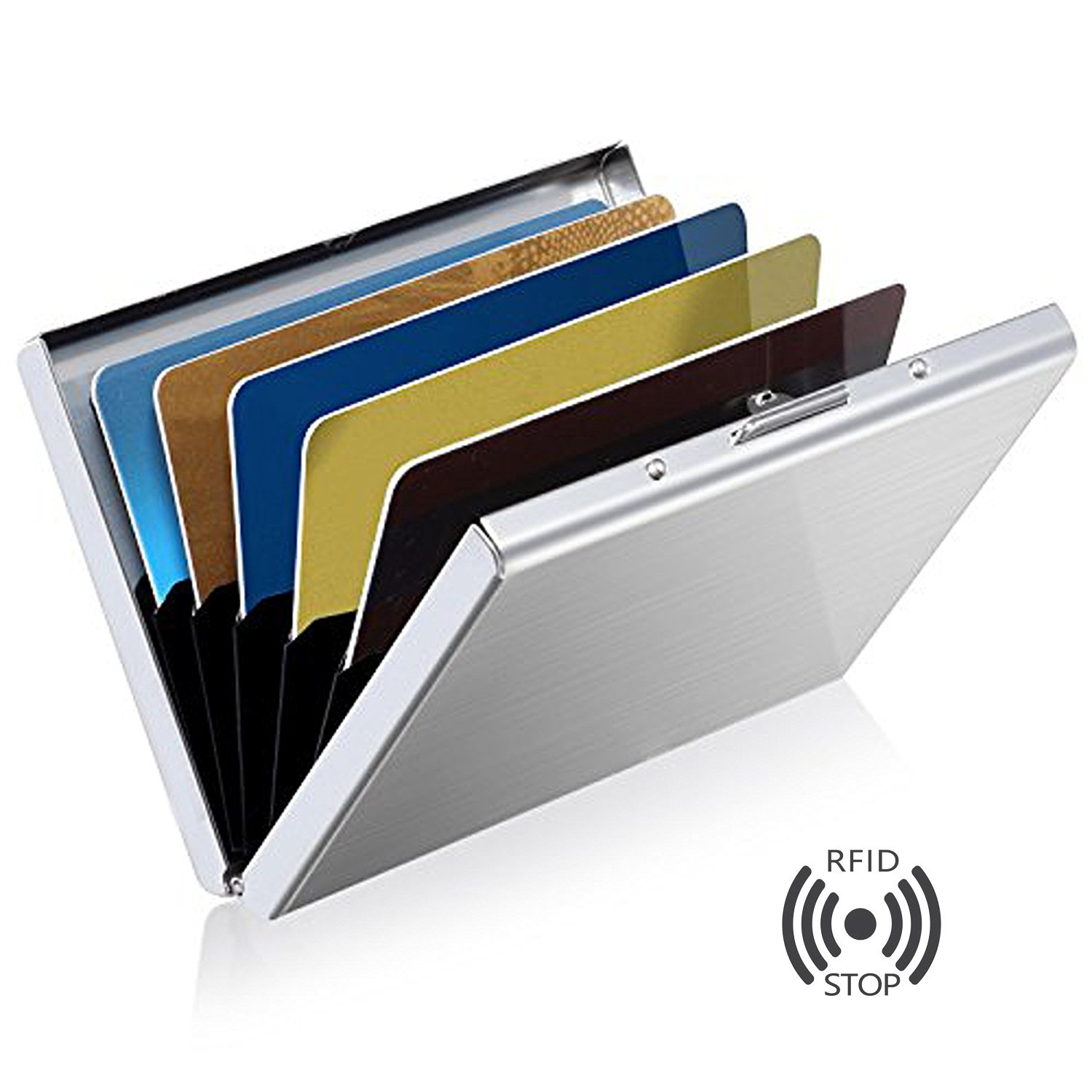 Enyoir Slim RFID Credit Card Protector Wallet，Block Identity Thieves Stainless Steel Aluminum Metal Holder Case with 6 PVC Slots Black 